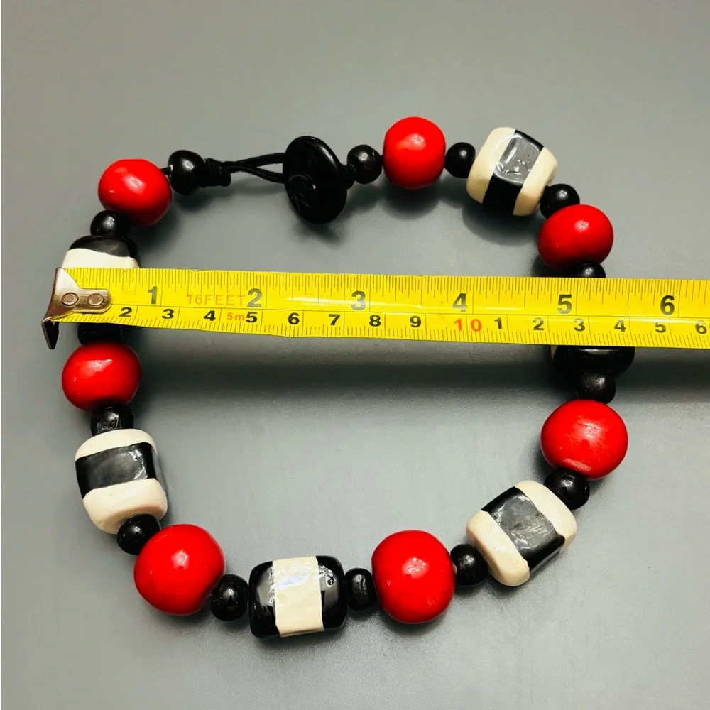 Handmade Ceramic Necklace Chunky Choker Statement VNTG Black Red White marked TK
